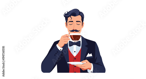 An elegantly dressed man with a mustache sips from a coffee cup while holding a saucer, wearing a suit and bow tie against a white background.
