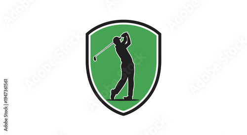 A black silhouette of a golfer swinging a club is enclosed within a green and black shield emblem against a clean white background.