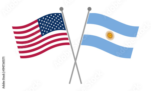 Crossed national flags of United States and Argentina on flagpoles representing diplomatic relations, international partnership and geopolitical cooperation vector illustration