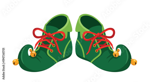 A festive pair of green elf shoes with red laces and small golden bells on the tips are displayed on a clean white background.