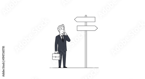 A thoughtful cartoon businessman in a dark suit stands holding a briefcase, looking at two blank directional signposts on a white background.