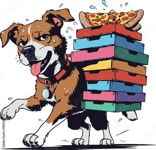  Dog delivery worker struggling to carry huge stack of pizza boxes, clean vector illustration, bold thick black outline, minimal line art, simple shapes, isolated object, white background 1