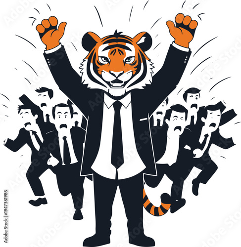 Tiger startup founder celebrating idea while investors run away, ironic cartoon mascot, bold black outline, minimal vector sticker, white background 2