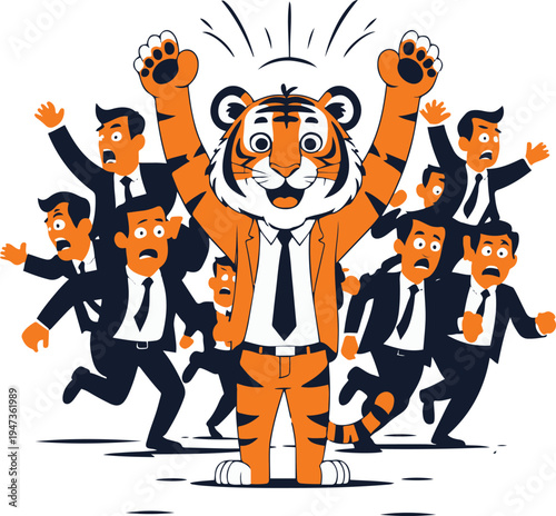 Tiger startup founder celebrating idea while investors run away, ironic cartoon mascot, bold black outline, minimal vector sticker, white background 1