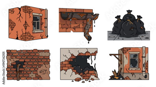 Cartoon Vector Set of Dilapidated Urban Elements Crumbling Brick Walls Shattered Windows Rusty Gutters and Trash Bags.