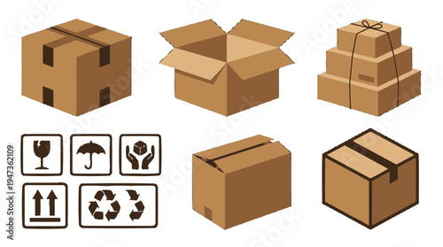 Collection of brown cardboard shipping boxes and essential handling symbols illustration set.
