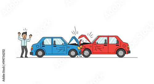 A shocked cartoon man with raised hands stands beside two cars, a blue one and a red one, that have collided head-on with visible damage and scattered debris.