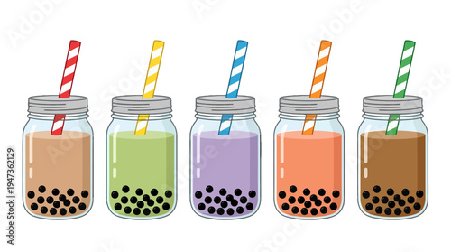 Colorful Bubble Tea Drinks in Mason Jars with Striped Straws Cartoon Style.