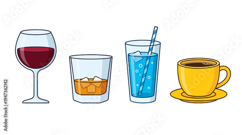 Colorful cartoon drinks collection red wine glass whiskey on rocks blue soda with straw and yellow coffee cup.