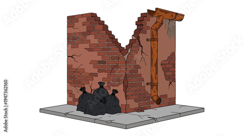 Dilapidated brick wall illustration with rusty downspout broken top and black trash bags on cracked sidewalk.