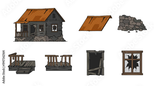 Dilapidated wooden house with rusty roof broken windows and damaged porch plus various ruined building elements.