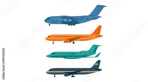 Diverse aircraft collection featuring blue cargo plane orange passenger jet teal private jet dark blue airliner.