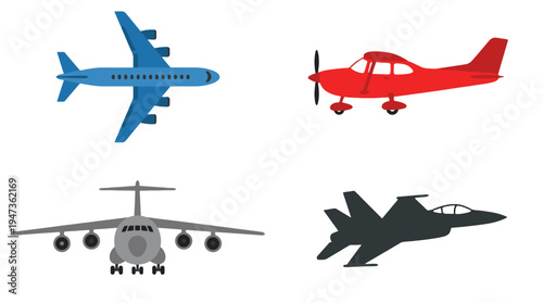 Diverse airplane collection blue passenger jet red propeller plane grey cargo aircraft dark fighter jet.