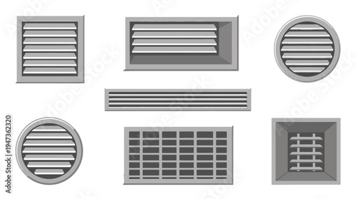 Set of diverse grey ventilation grilles and air vents featuring various rectangular square and circular shapes with distinct slat patterns.