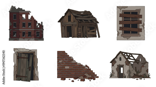 Vector set of ruined buildings dilapidated shack crumbling walls and destroyed architectural elements.