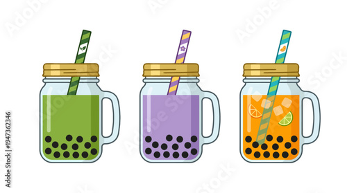 Vibrant bubble tea drinks in mason jars green matcha purple taro orange fruit tea with tapioca pearls ice and striped straws.