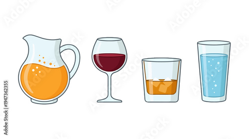 Vibrant cartoon vector illustration of diverse refreshing drinks juice pitcher wine whiskey sparkling water.