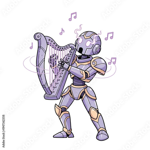 A purple robot playing a harp with musical notes around it in a cartoon style with purple and gold accents. Perfect for music, technology, and robotics illustrations.