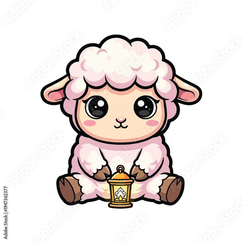 A cartoon pink lamb sitting with a lantern, featuring big eyes and rosy cheeks, in a digital illustration with pastel tones. Perfect for Easter, Ramadan, and children's educational