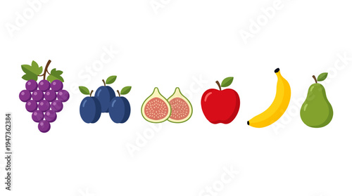 Vibrant flat vector fruit collection purple grapes blue plums sliced figs red apple yellow banana green pear.