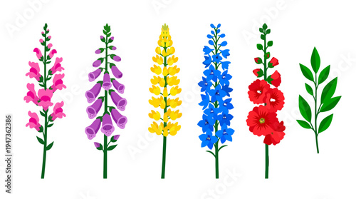 Vibrant flat vector flowers pink purple yellow blue red blossoms and green leaves showcasing diverse bloom shapes.
