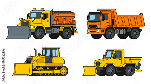 Vibrant Illustrated Heavy Equipment Collection Snowplow Dump Truck Bulldozer Spreader Truck.
