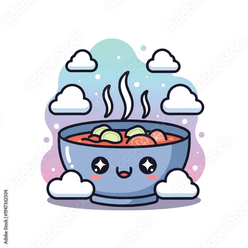 A cartoon-style digital illustration of a smiling bowl of soup with vegetables and steam rising, set against a pastel-colored background with clouds. Perfect for food blogs, recipe