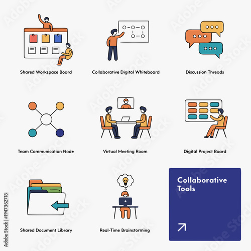 Collaborative tools icons set for teamwork and communication including shared workspace digital whiteboard and project management