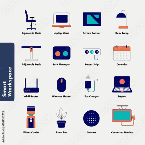 Smart workspace with various office equipment and gadgets for productivity and comfort in a modern setting