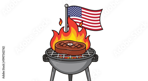 A cartoon steak with distinct grill marks is actively cooking over bright flames on a gray barbecue, positioned against a waving American flag on a white background.