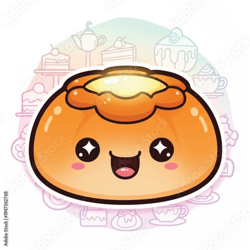 A digital illustration of a smiling cartoon pumpkin pie with a happy face, set against a pastel-colored background of various desserts. Perfect for food blogs, social media posts, and