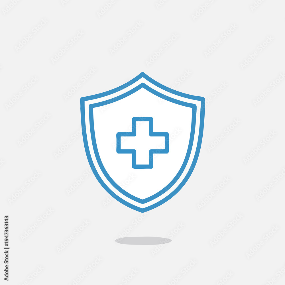 Fototapeta premium Blue outline shield with white and blue stripes and a plus symbol