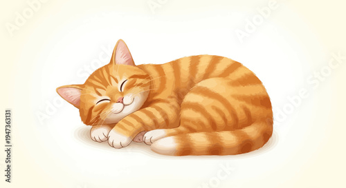 Cute sleeping tabby cat, orange striped kitten curled up and dreaming peacefully.
