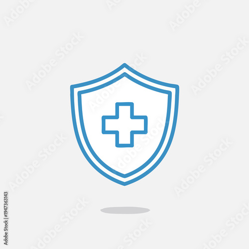 Blue outline shield with white and blue stripes and a plus symbol