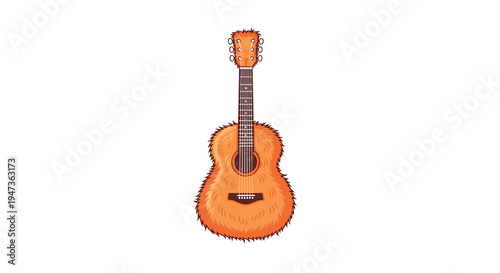 A whimsical acoustic guitar entirely covered in shaggy orange-brown fur stands upright on a clean white background.
