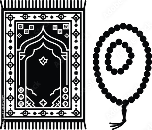 Eid al adha prayer rug and tasbih beads for muslim worship and celebration