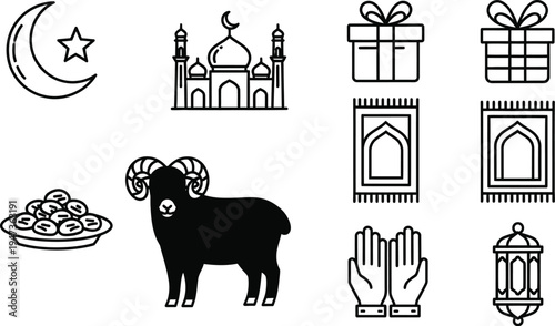 Eid al adha celebration icons featuring crescent moon mosque gifts lanterns ram and traditional food