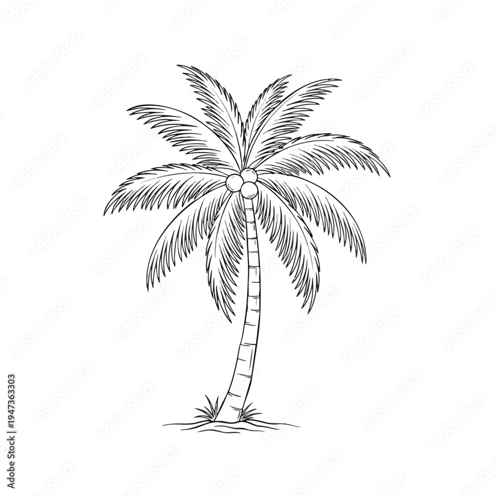 Obraz premium A simple black and white line drawing of a palm tree with coconuts