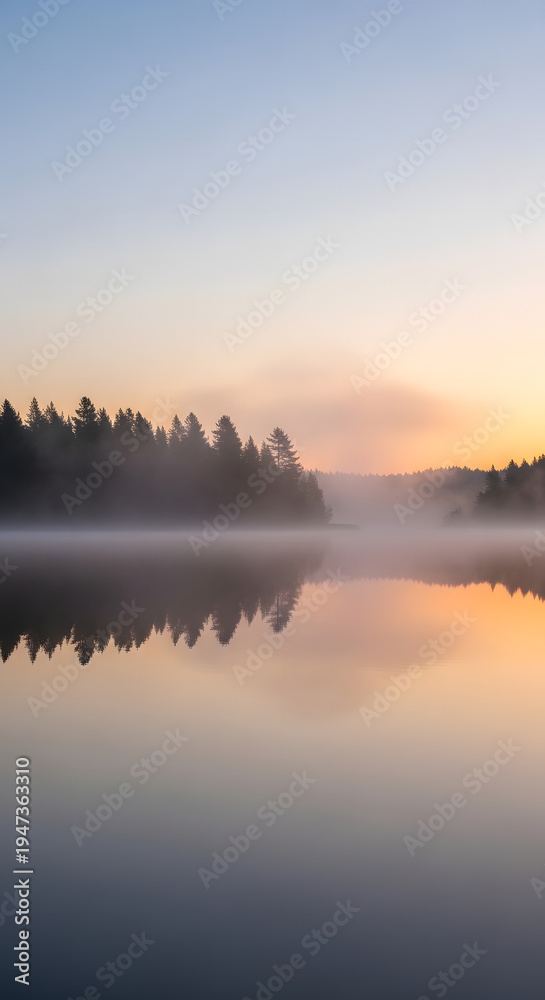 Fototapeta premium Misty sunrise over a tranquil lake, reflecting the soft hues of dawn and the silhouette of a pine forest