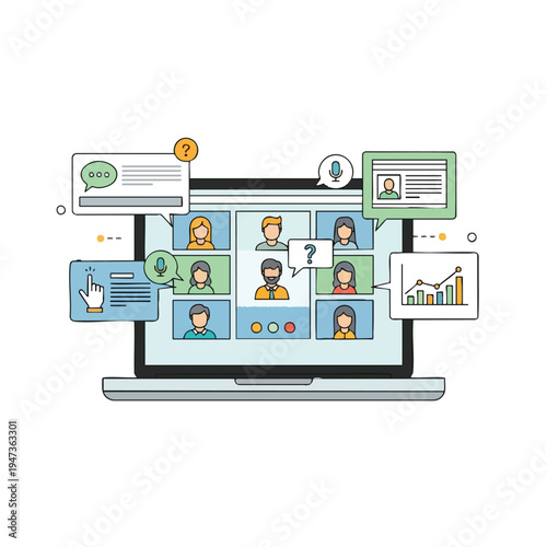 Laptop screen displays video conference with participants and chat bubbles