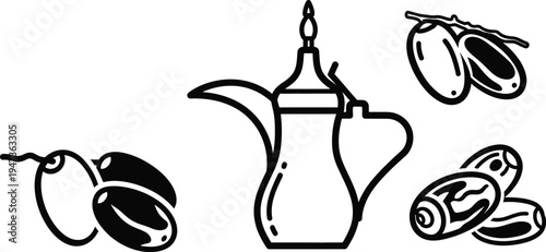 Eid al adha traditional coffee and dates illustration