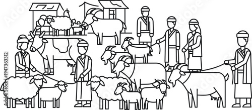 Eid al adha celebration illustration with muslim family and sacrificial animals