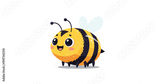 A plump, round cartoon bee with black and yellow stripes and small translucent wings smiles broadly on a clean white background.