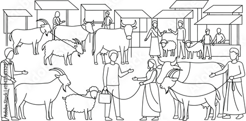 Eid al adha celebration with traditional animal sacrifice and festive market