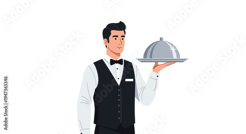 A male waiter wearing a black vest and bow tie holds a silver cloche-covered serving tray in his left hand, standing against a white background.