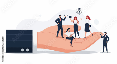 Business People on Giant Hand, Teamwork, Support, Career Growth, Recruitment