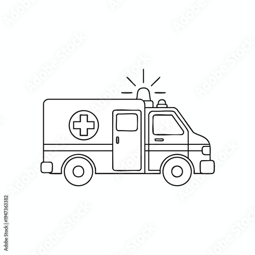 Minimalist line art of an ambulance with a glowing red cross and flashing lights