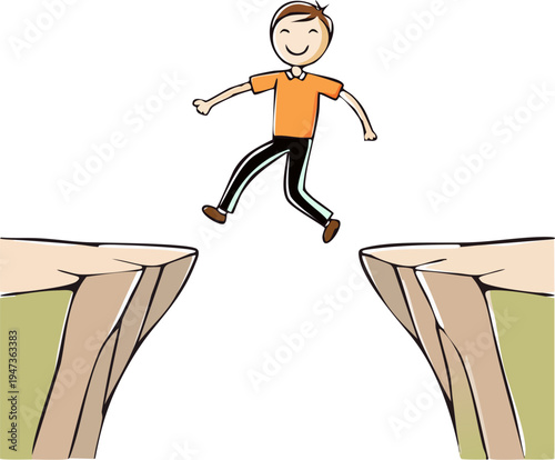 Cartoon man jumping between two cliffs.