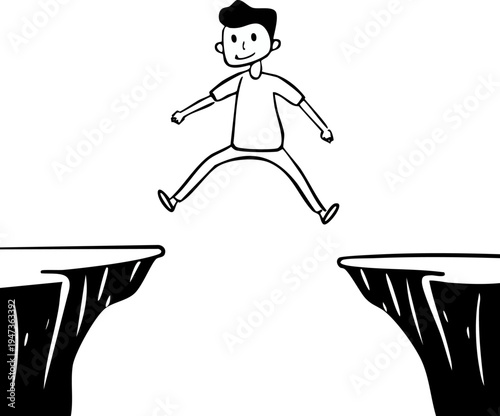 A cartoon man jumping between two cliffs.