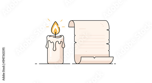 A lit white candle with melting wax and a glowing yellow flame stands beside an unfurled beige parchment scroll with faint lines on a white background.